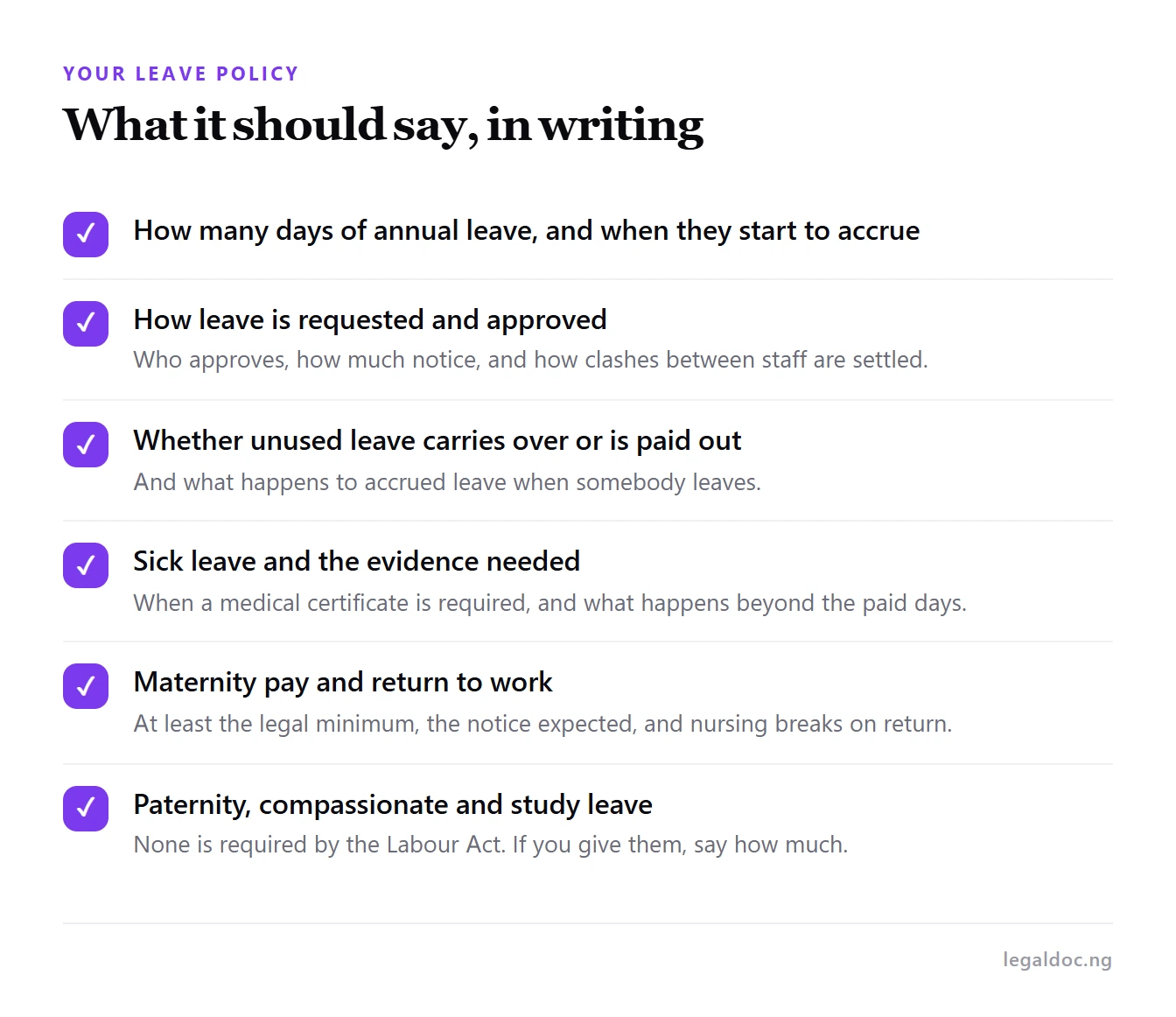 Six things a written leave policy should cover, from annual leave to paternity and compassionate leave