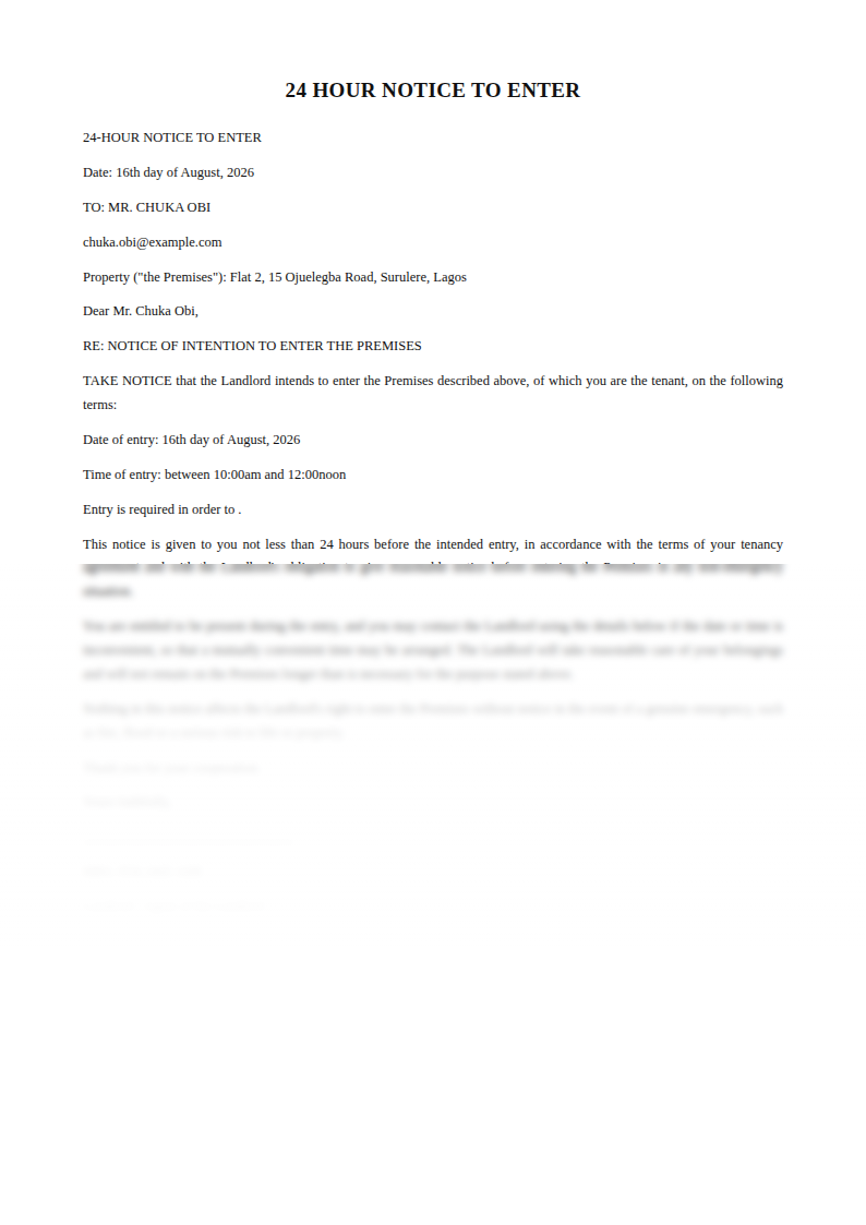 Preview of the 24 Hour Notice to Enter template