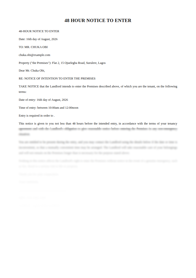 Preview of the 48 Hour Notice to Enter template