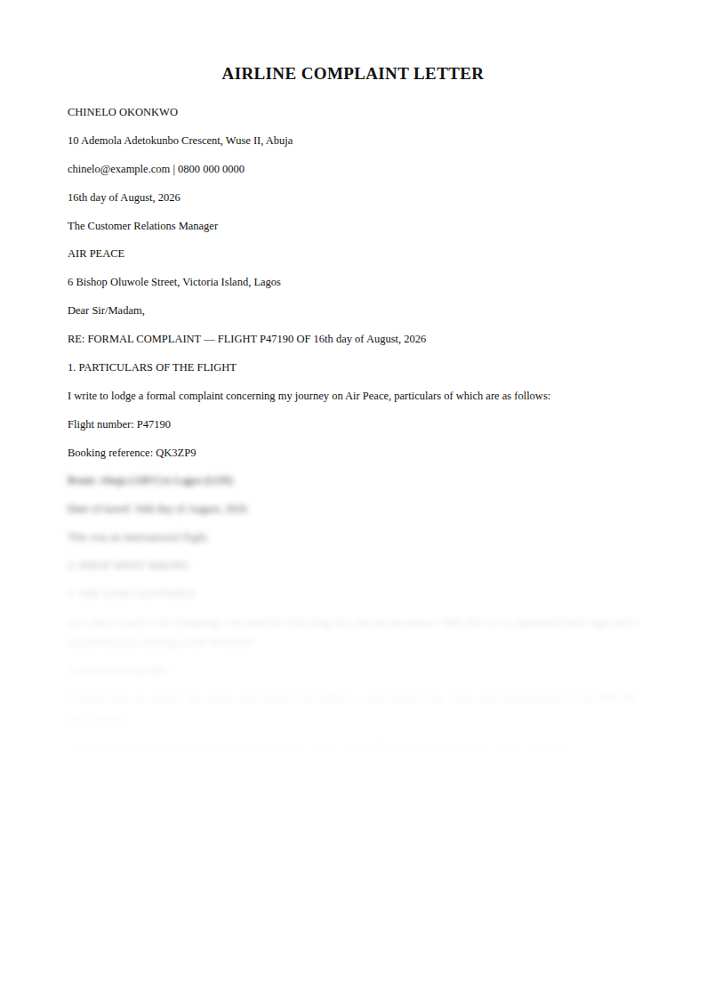 Preview of the Airline Complaint Letter template