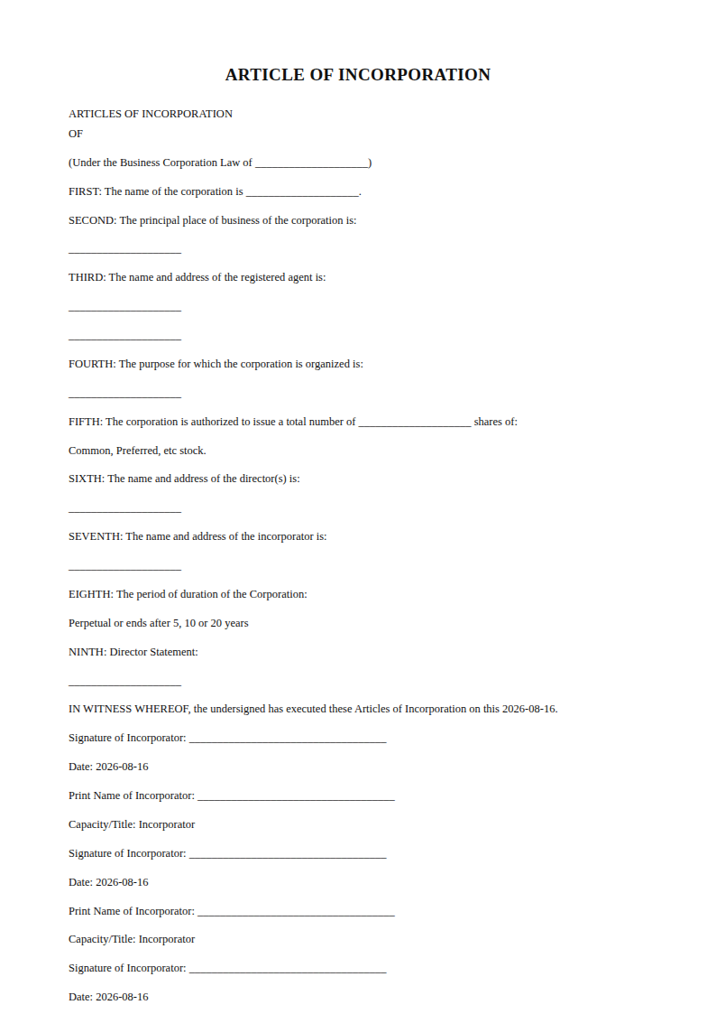 Preview of the Article of Incorporation template