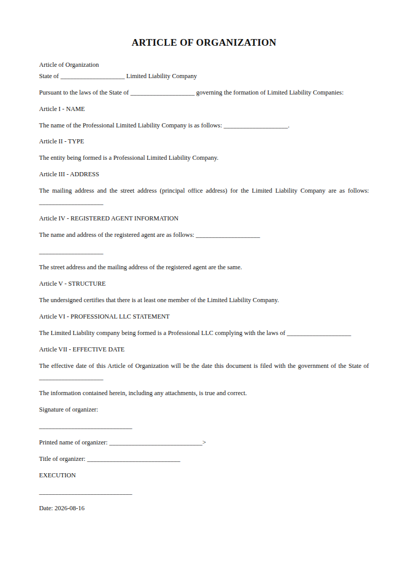 Preview of the Article of Organization template