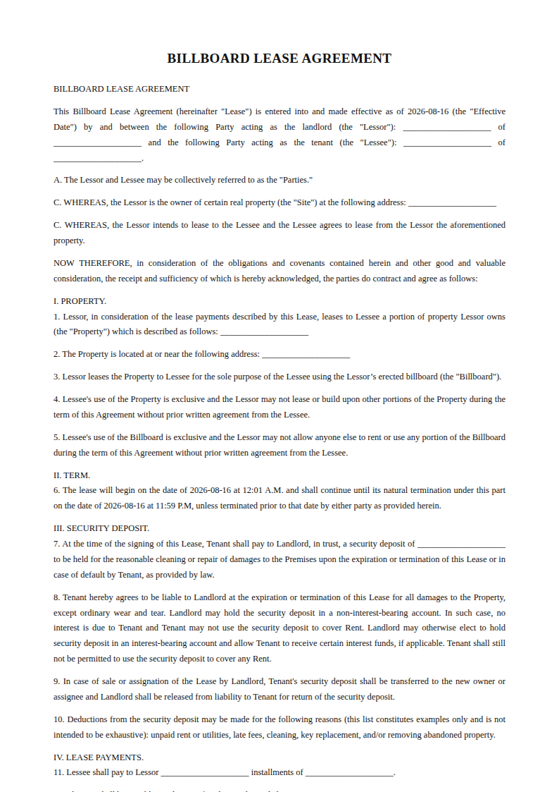 Preview of the Billboard Lease Agreement template