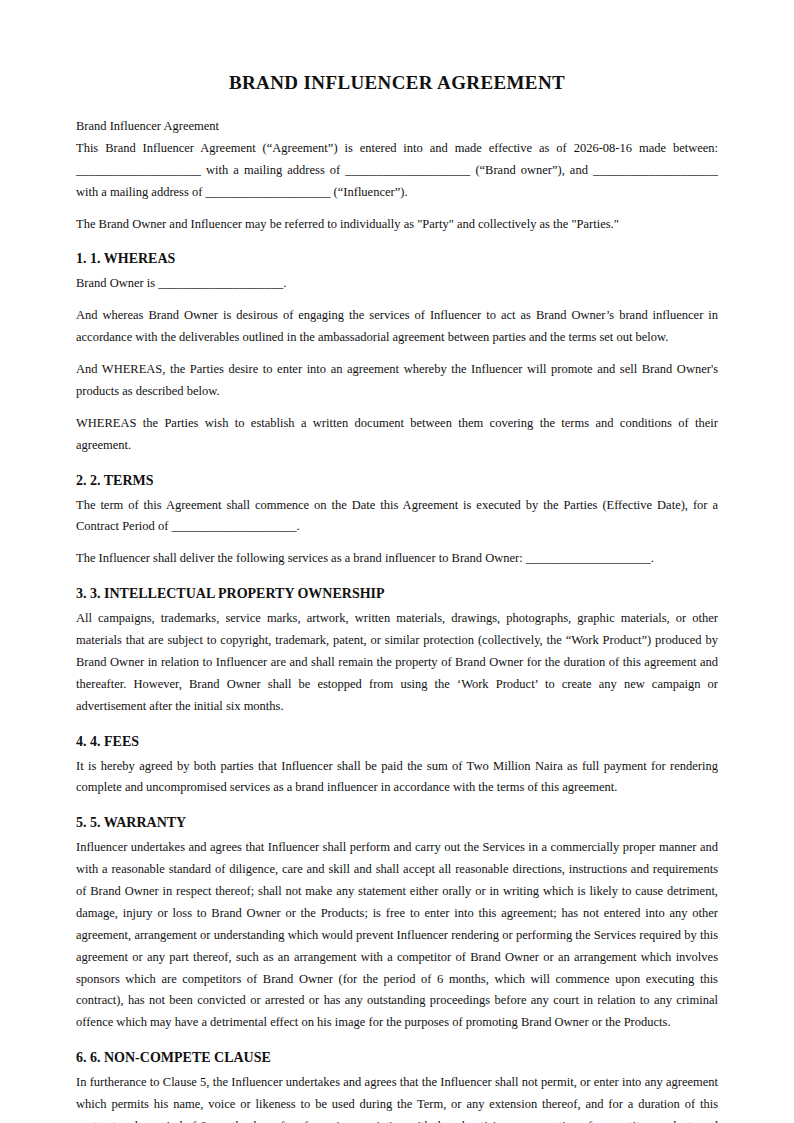 Preview of the Brand Influencer Agreement template