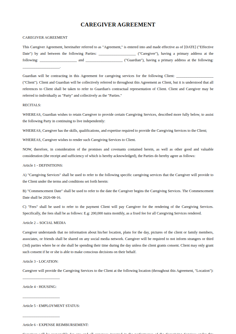 Preview of the Caregiver Agreement template