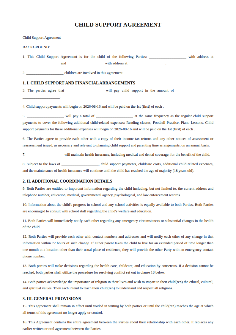 Preview of the Child Support Agreement template