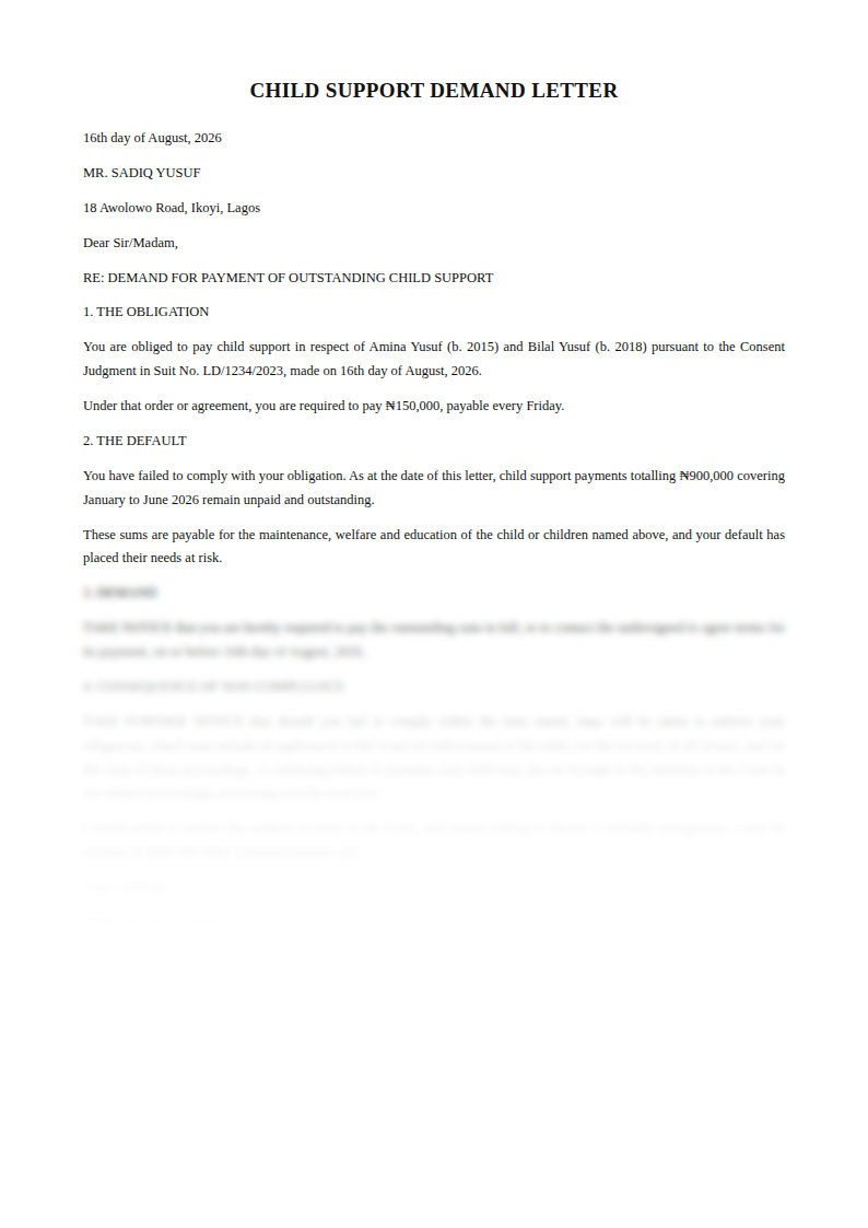 Preview of the Child Support Demand Letter template
