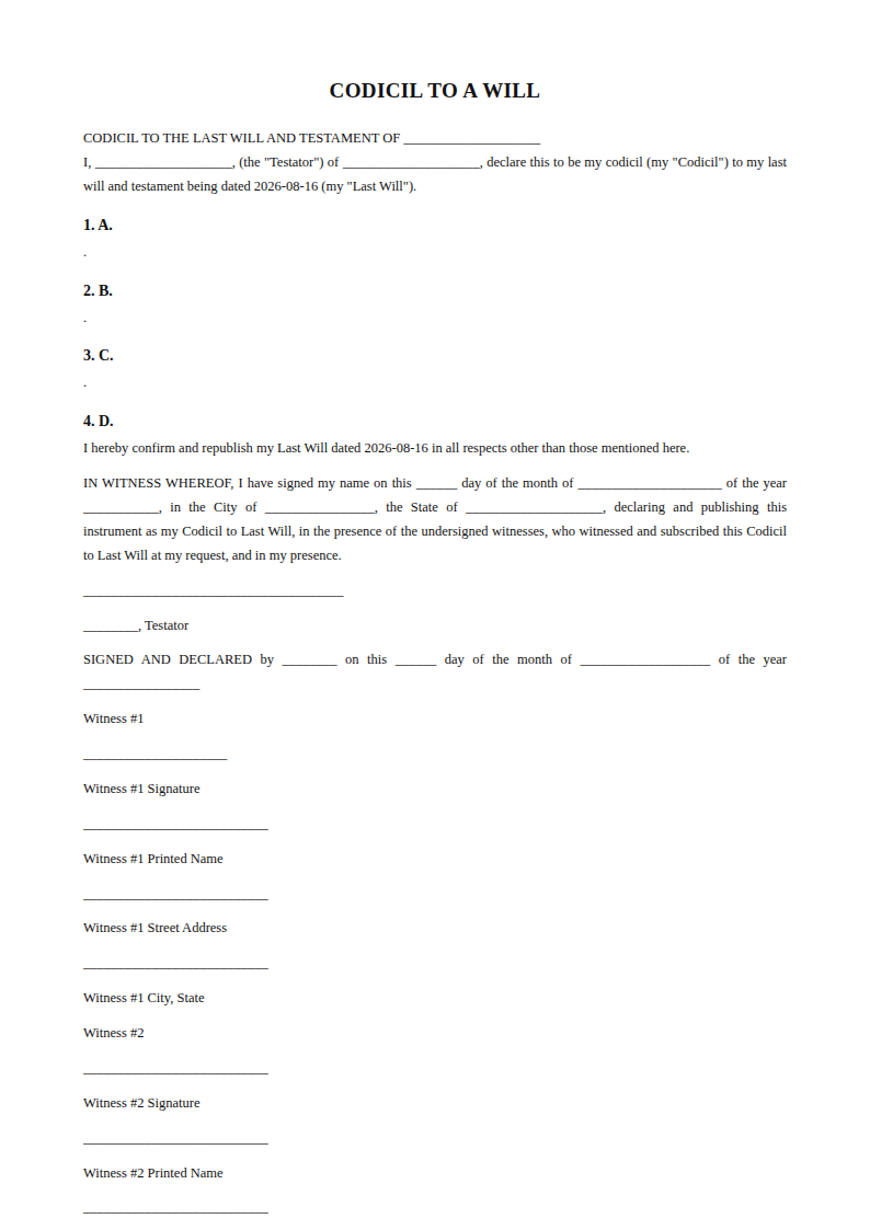 Preview of the Codicil to a Will template