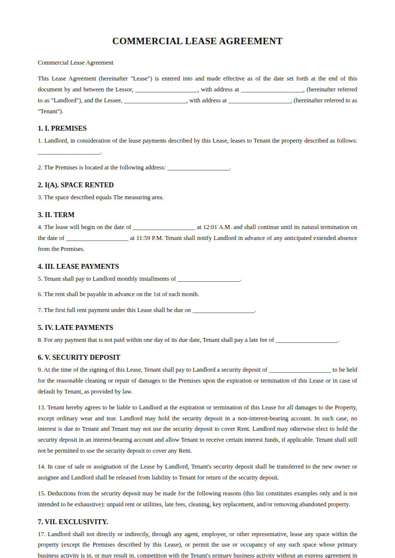 Preview of the Commercial Lease Agreement template