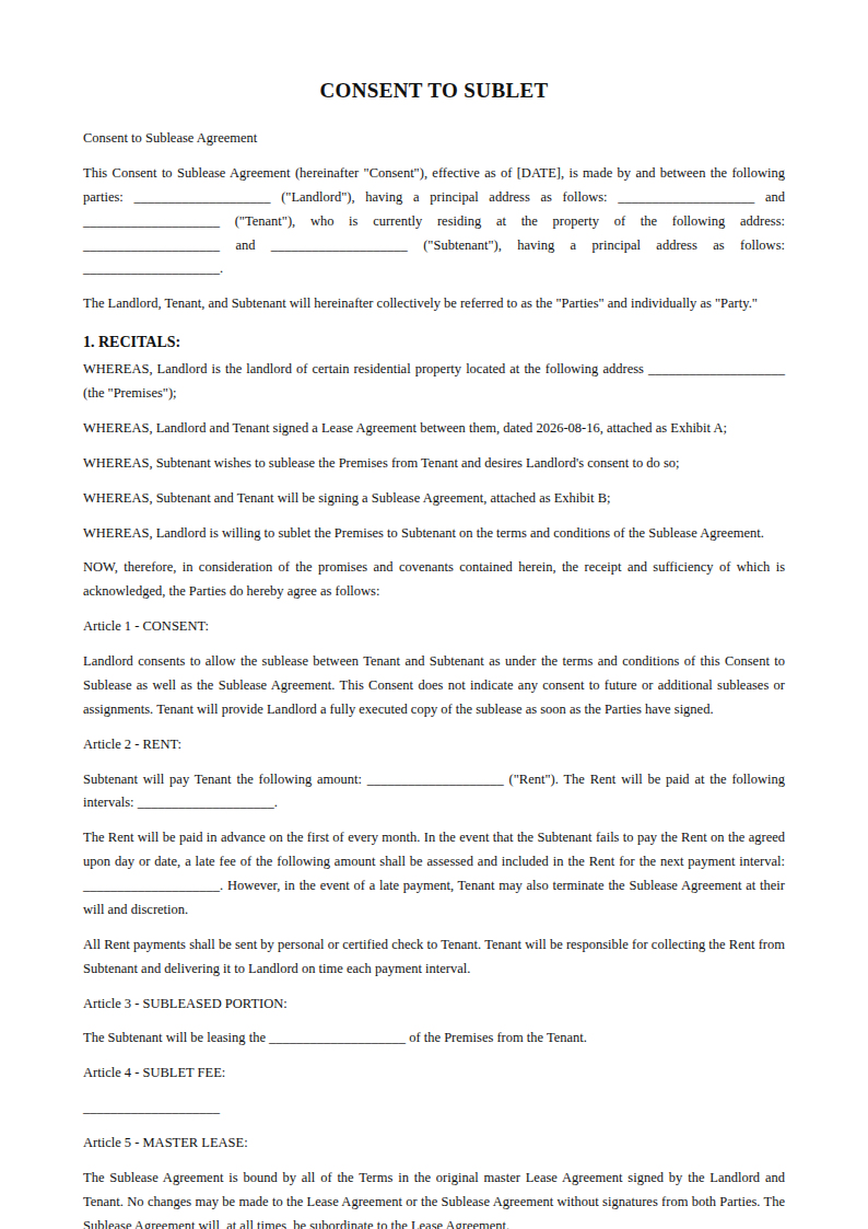 Preview of the Consent to Sublet template