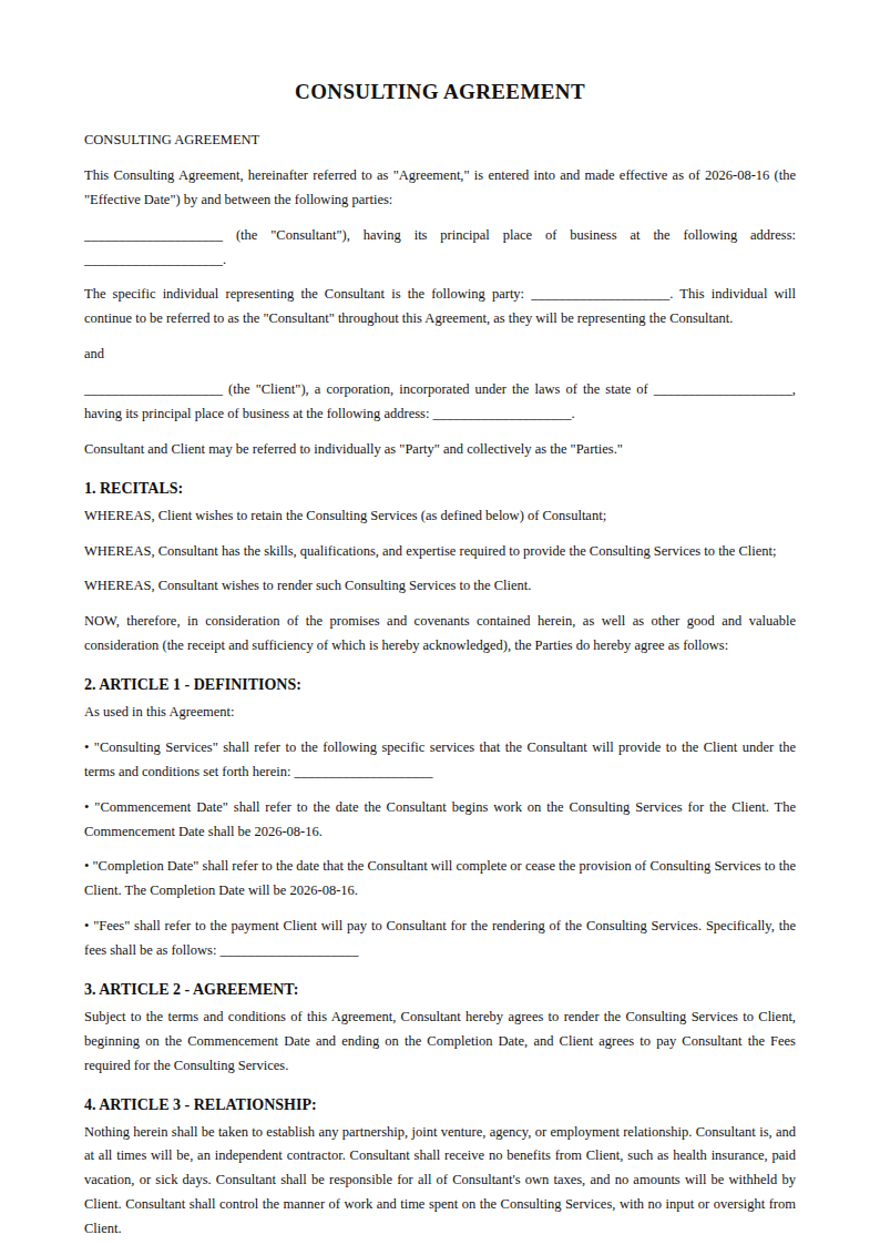 Preview of the Consulting Agreement template