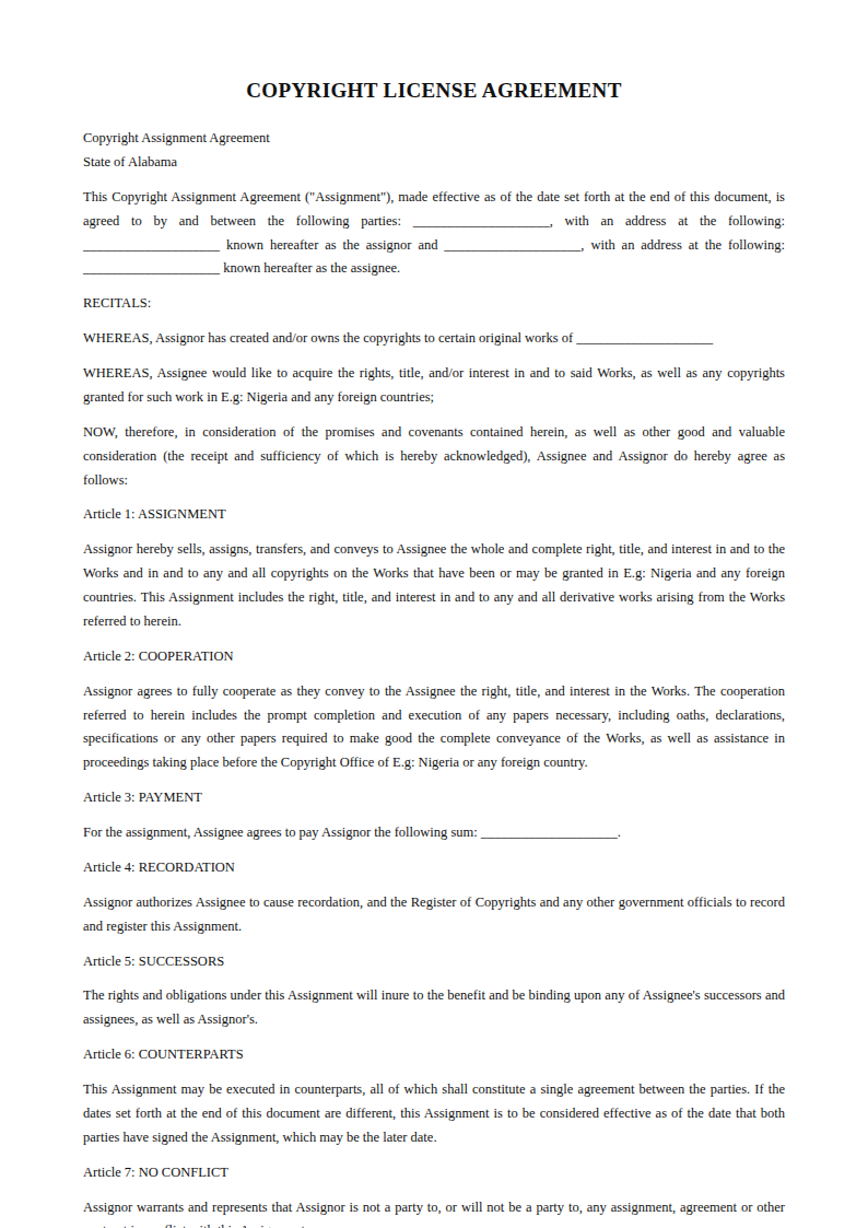 Preview of the Copyright License Agreement template