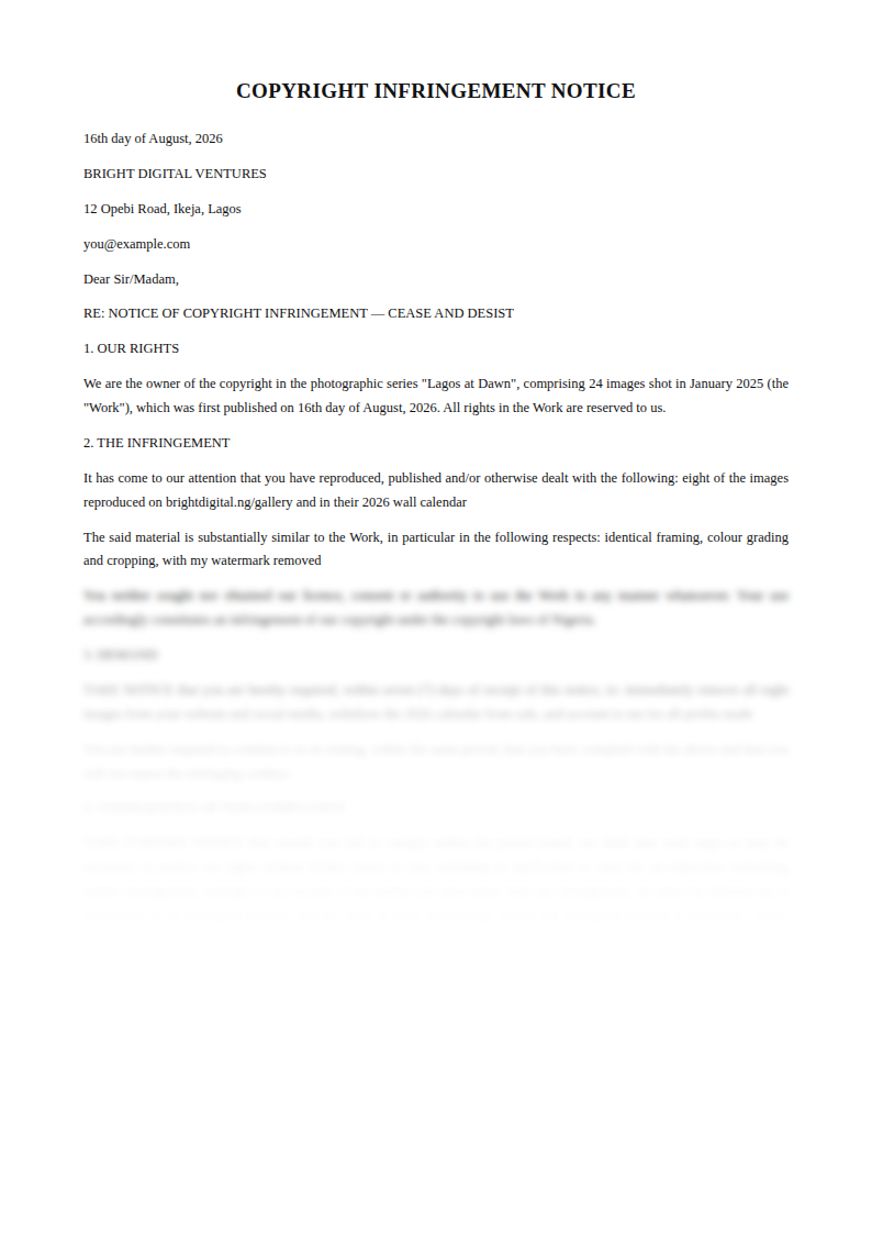 Preview of the Copyright Infringement Notice template