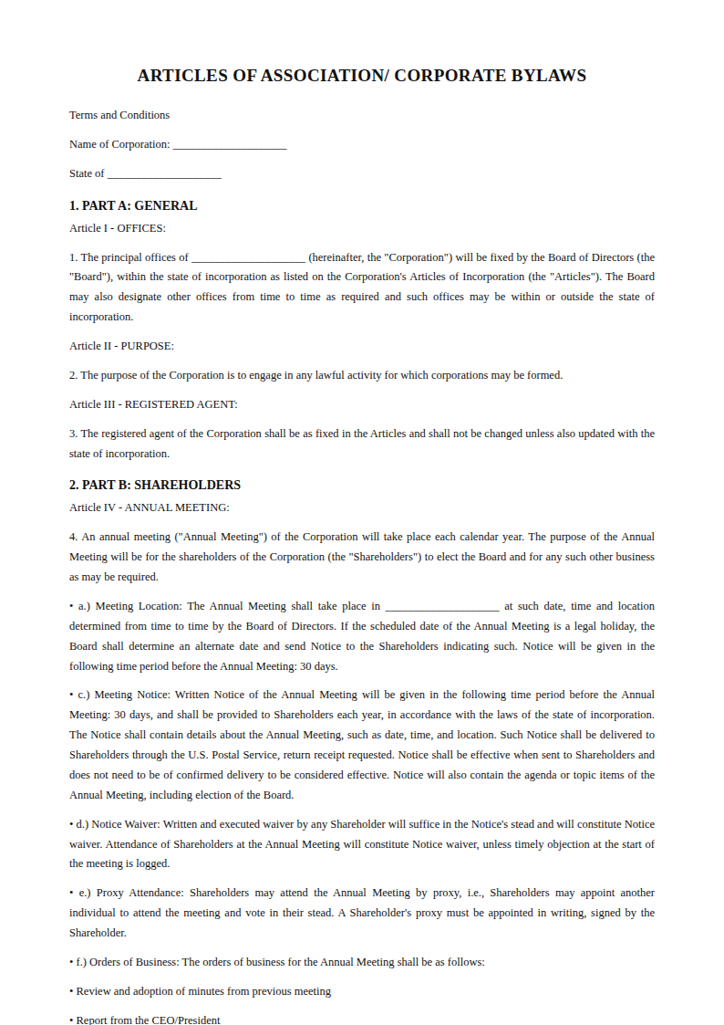 Preview of the Articles of Association/ Corporate Bylaws template