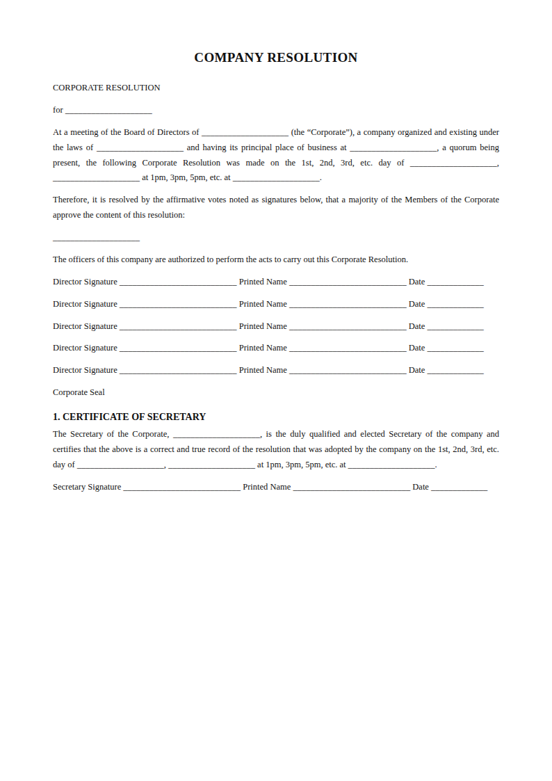 Preview of the Company Resolution template