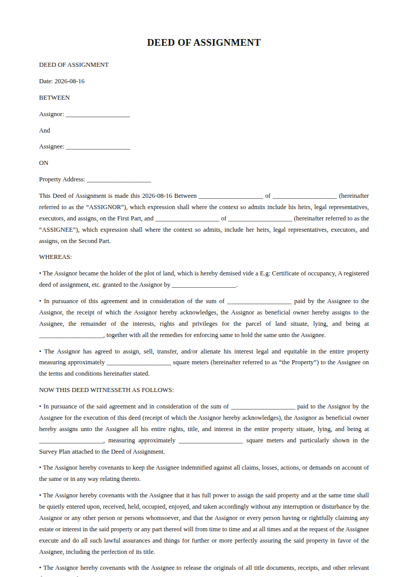 Preview of the Deed of Assignment template