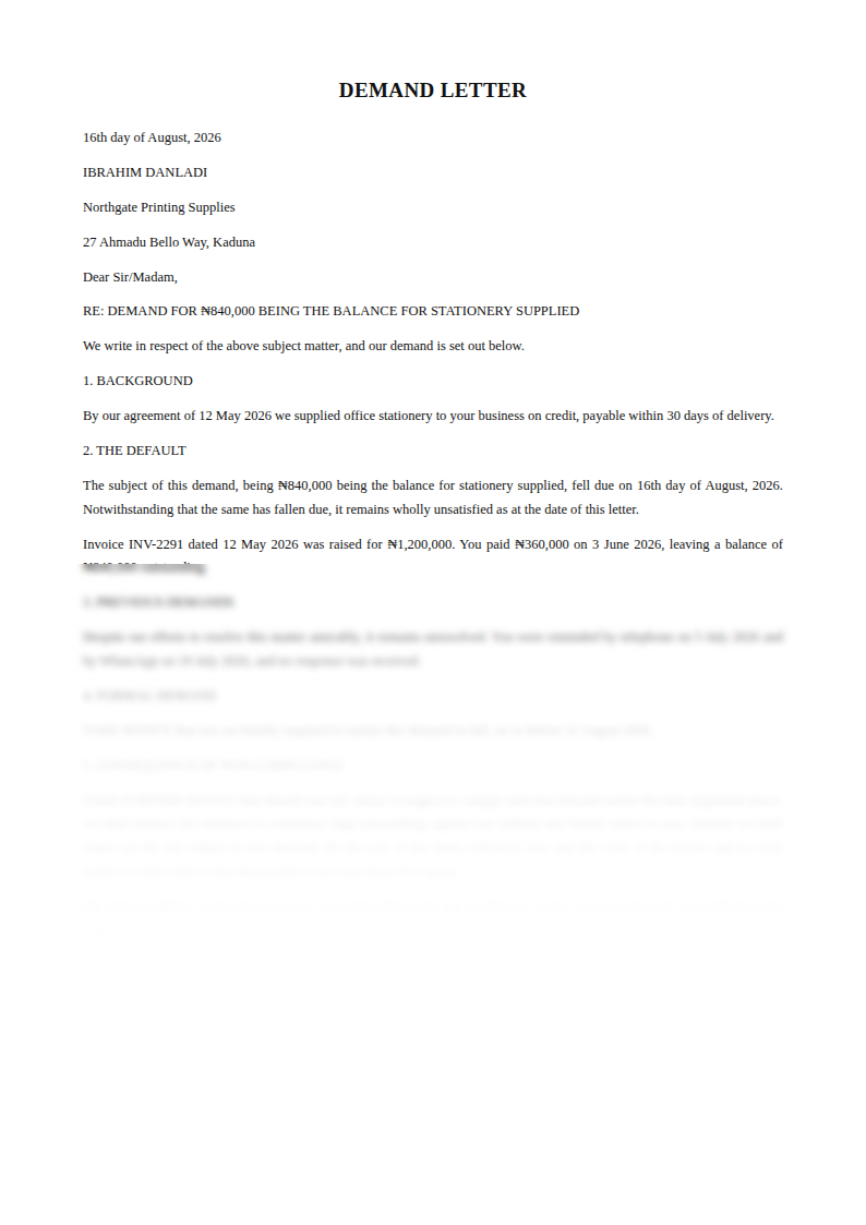 Preview of the Demand Letter template