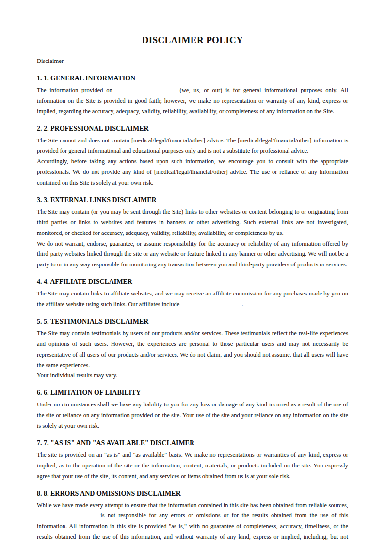 Preview of the Disclaimer Policy template