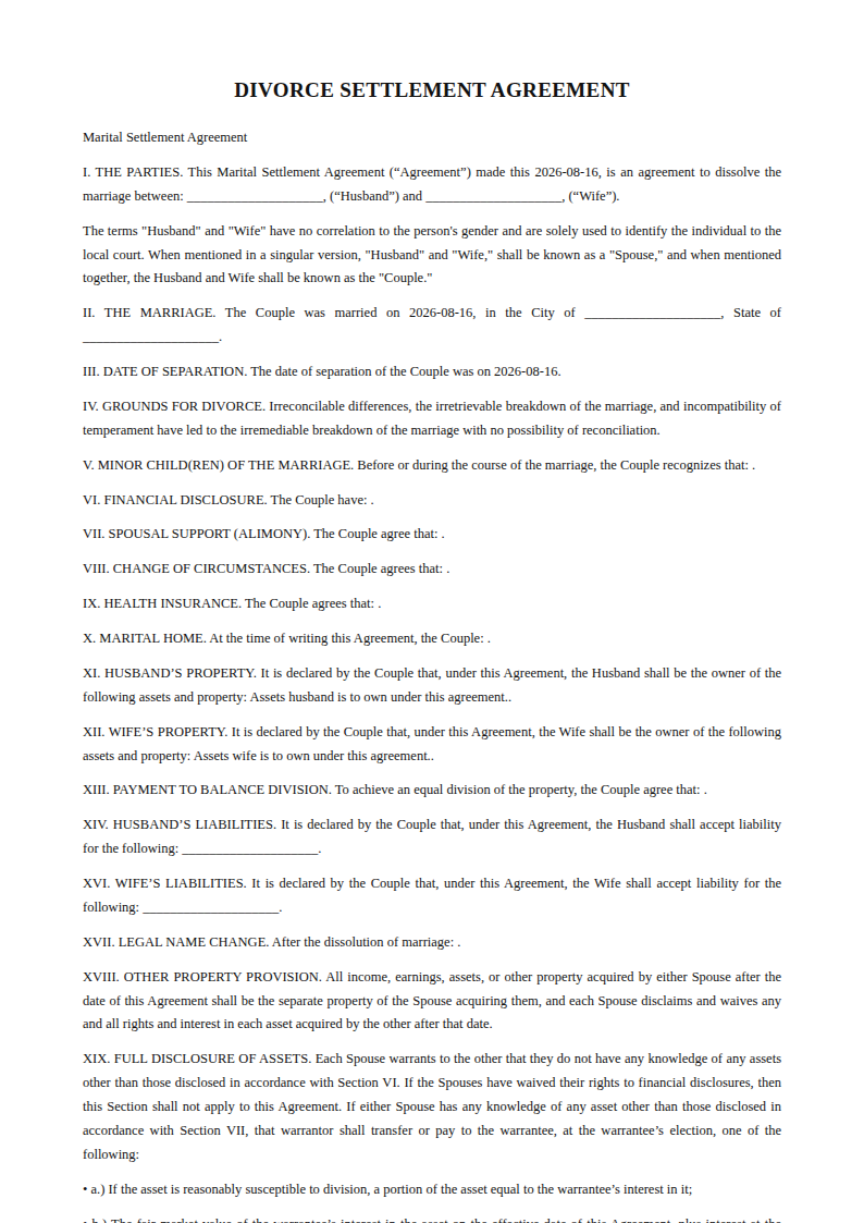 Preview of the Divorce Settlement Agreement template