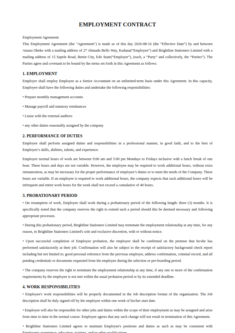 Preview of the Employment Contract template