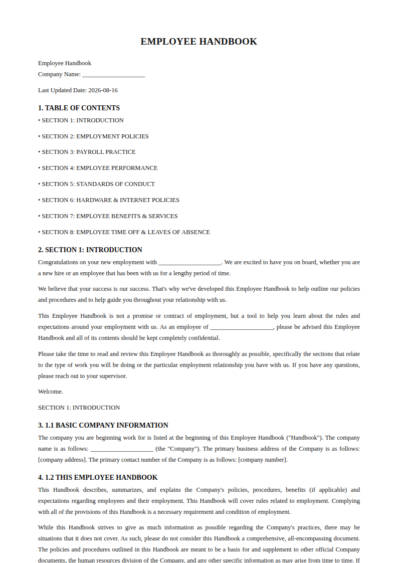 Preview of the Employee Handbook template