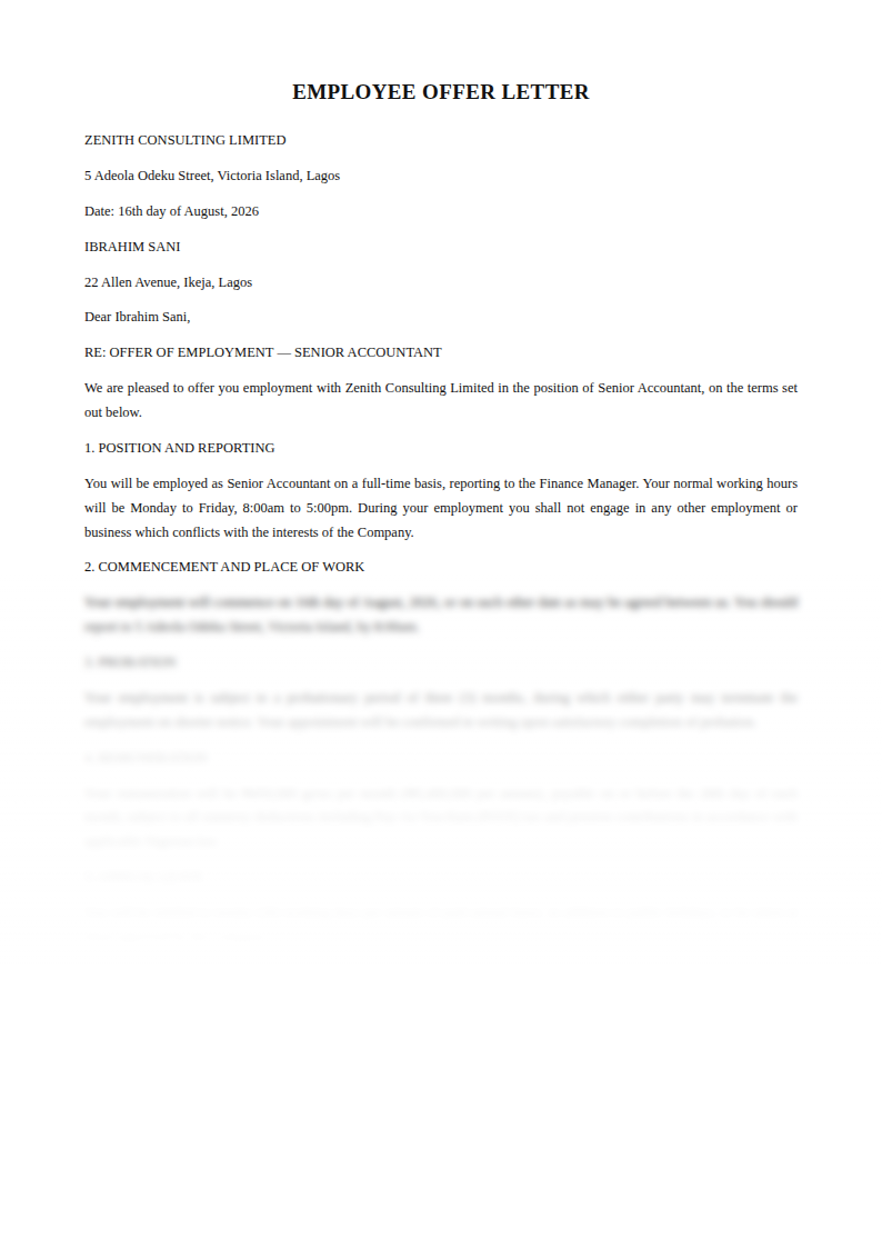 Preview of the Employee Offer Letter template