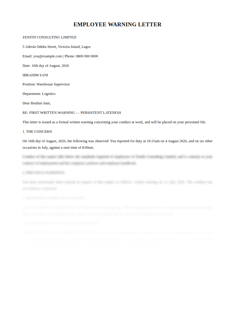 Preview of the Employee Warning Letter template