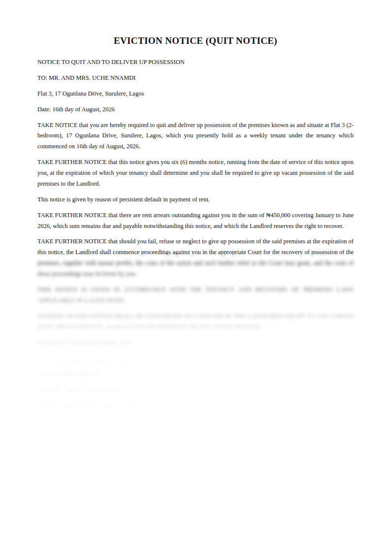 Preview of the Eviction Notice (quit Notice) template