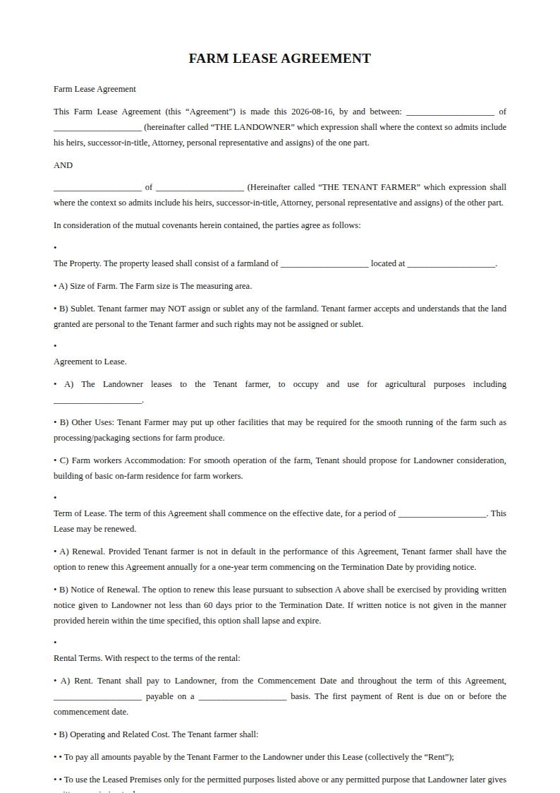 Preview of the Farm Lease Agreement template