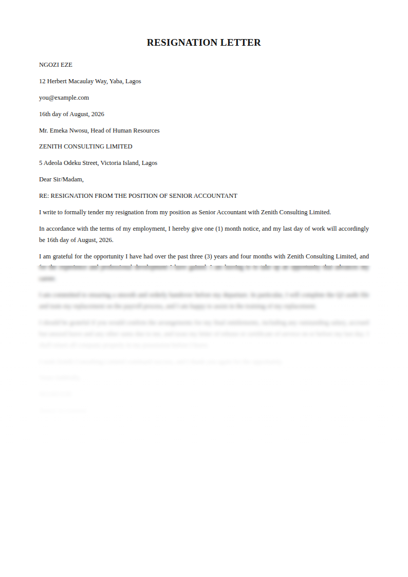 Preview of the Resignation Letter template