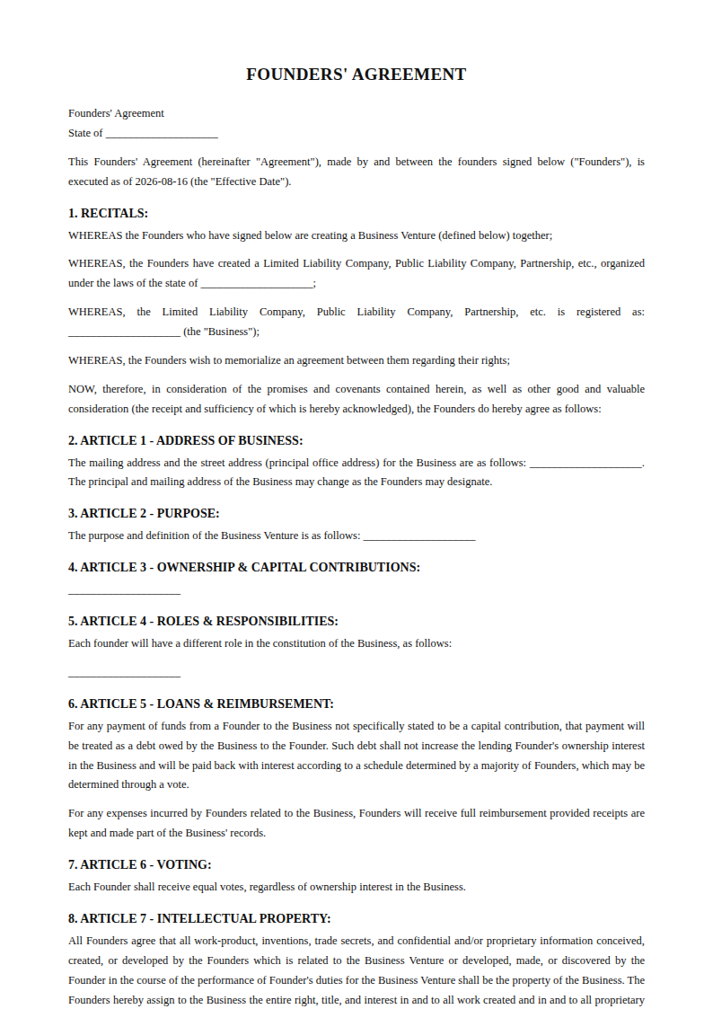 Preview of the Founders' Agreement template
