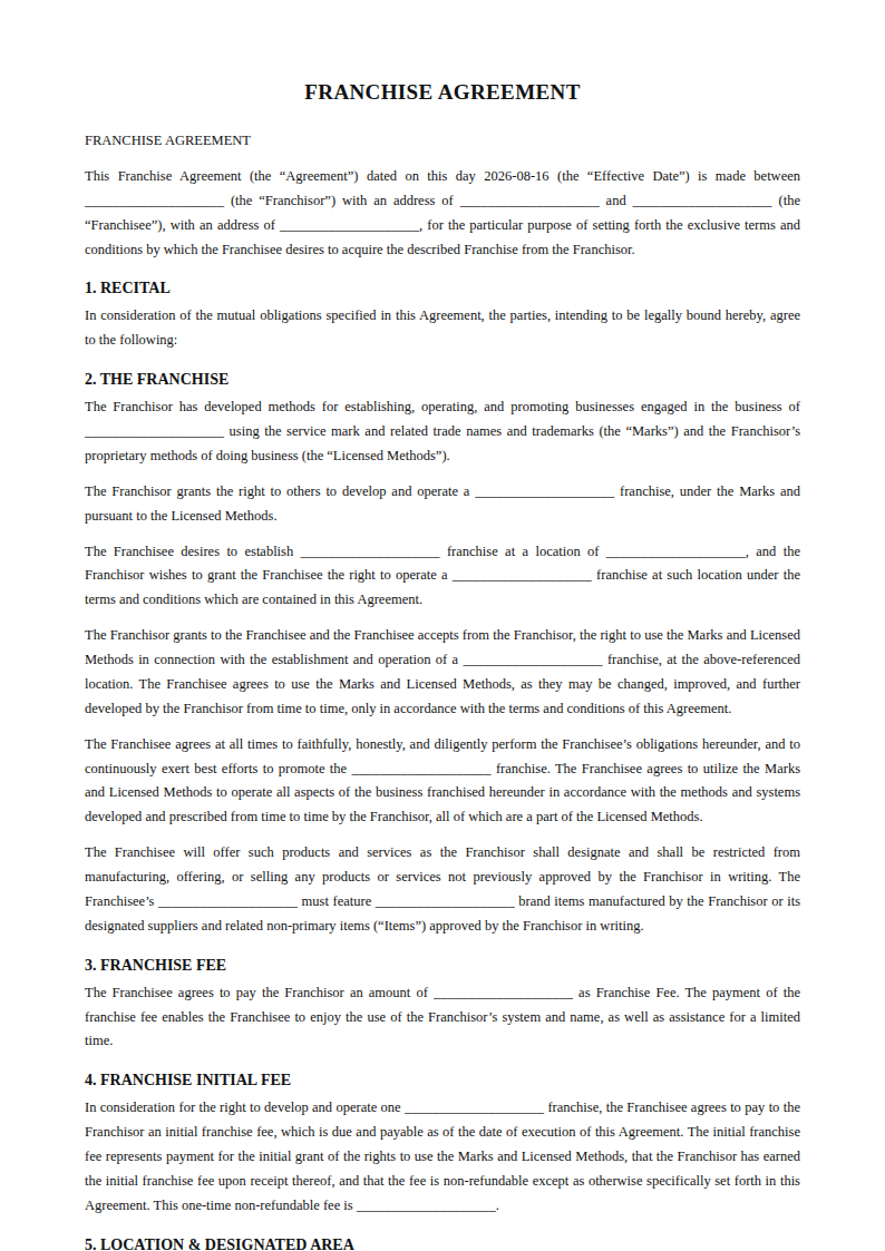Preview of the Franchise Agreement template