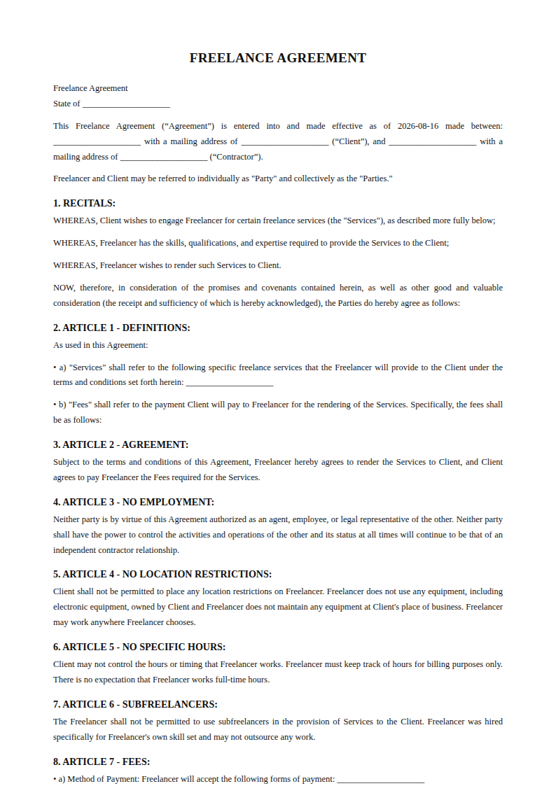 Preview of the Freelance Agreement template