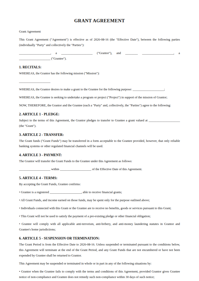 Preview of the Grant Agreement template