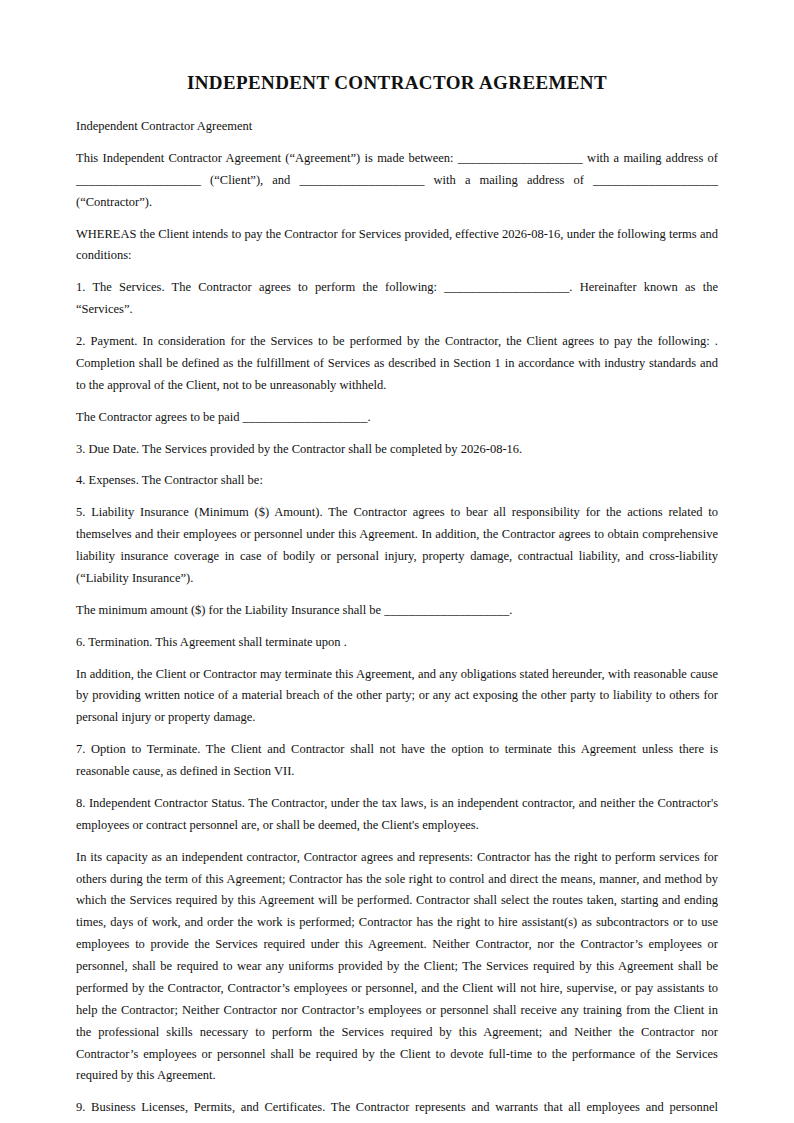 Preview of the Independent Contractor Agreement template