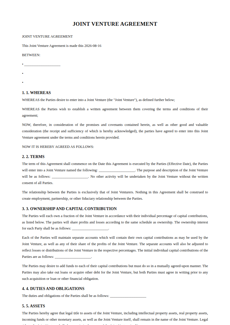 Preview of the Joint Venture Agreement template