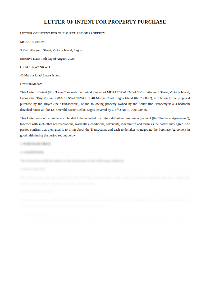 Preview of the Letter of Intent for Property Purchase template
