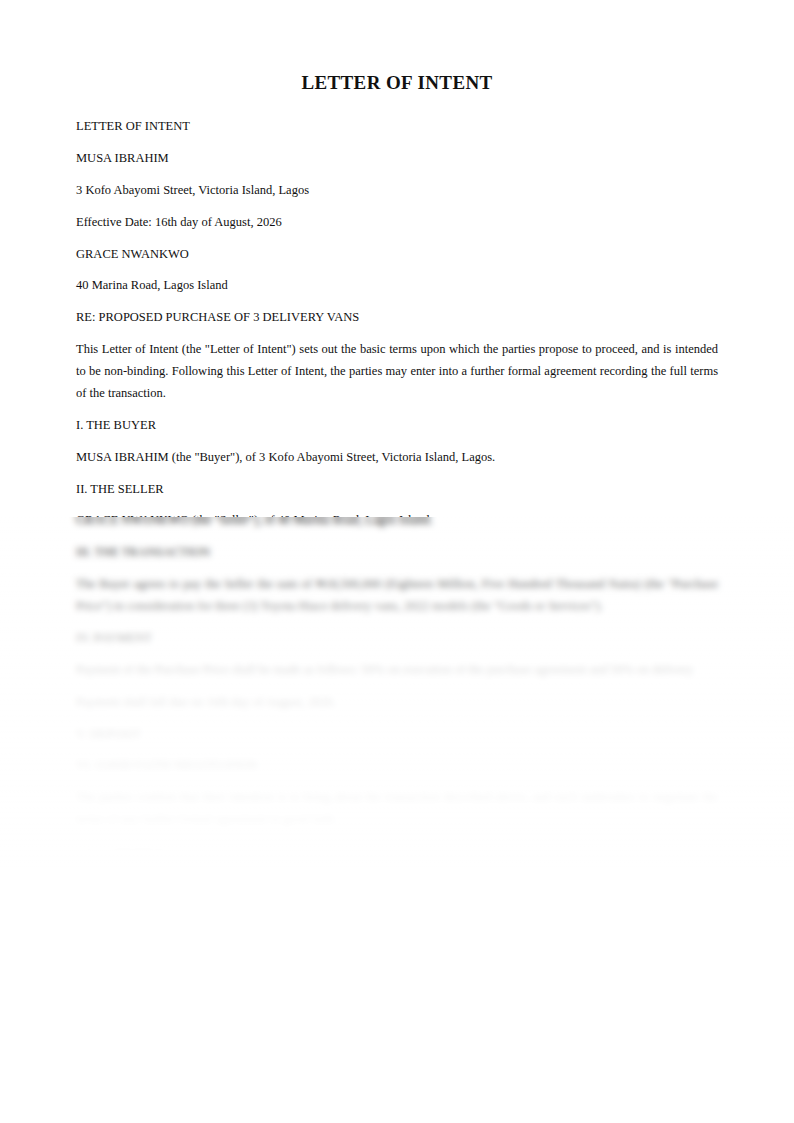 Preview of the Letter of Intent template