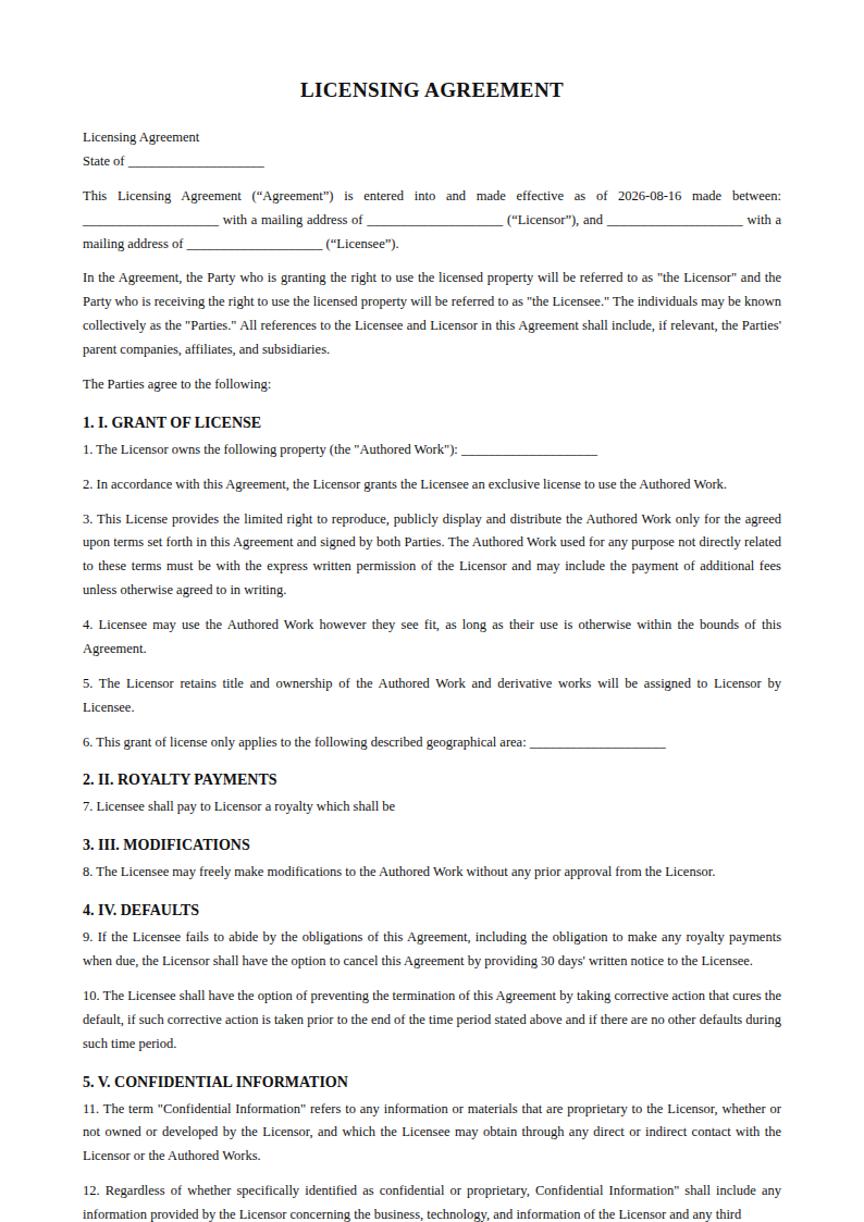 Preview of the Licensing Agreement template