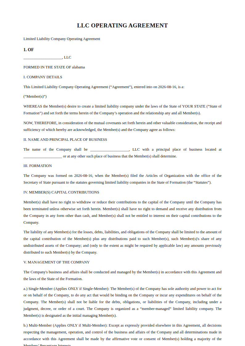 Preview of the Llc Operating Agreement template