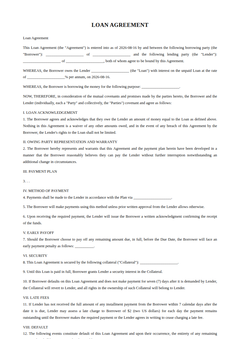 Preview of the Loan Agreement template