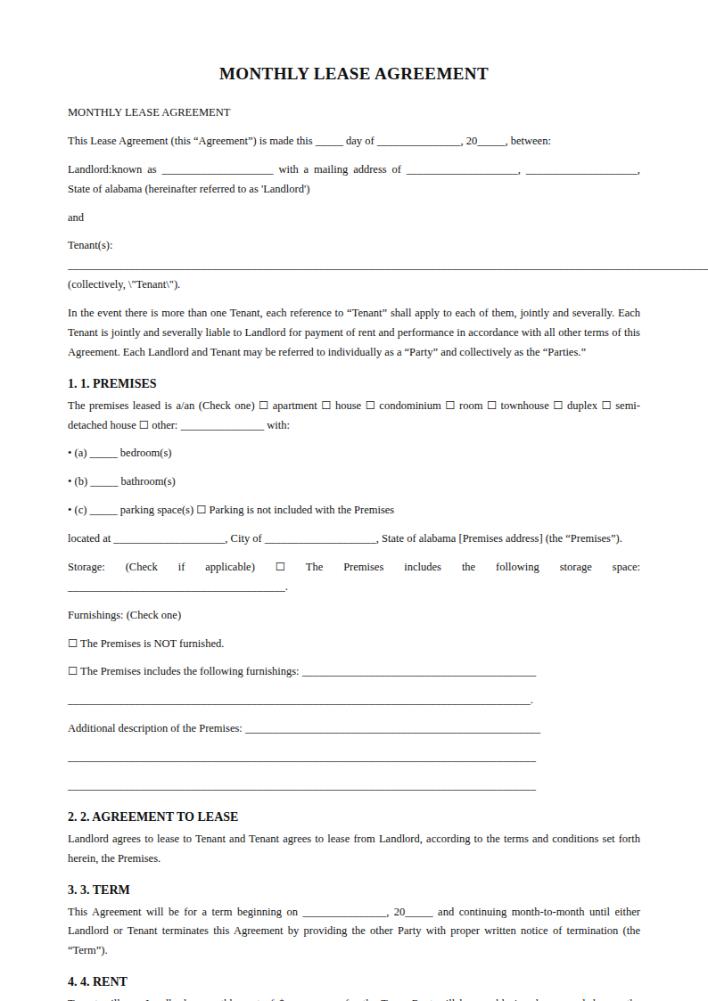 Preview of the Monthly Lease Agreement template