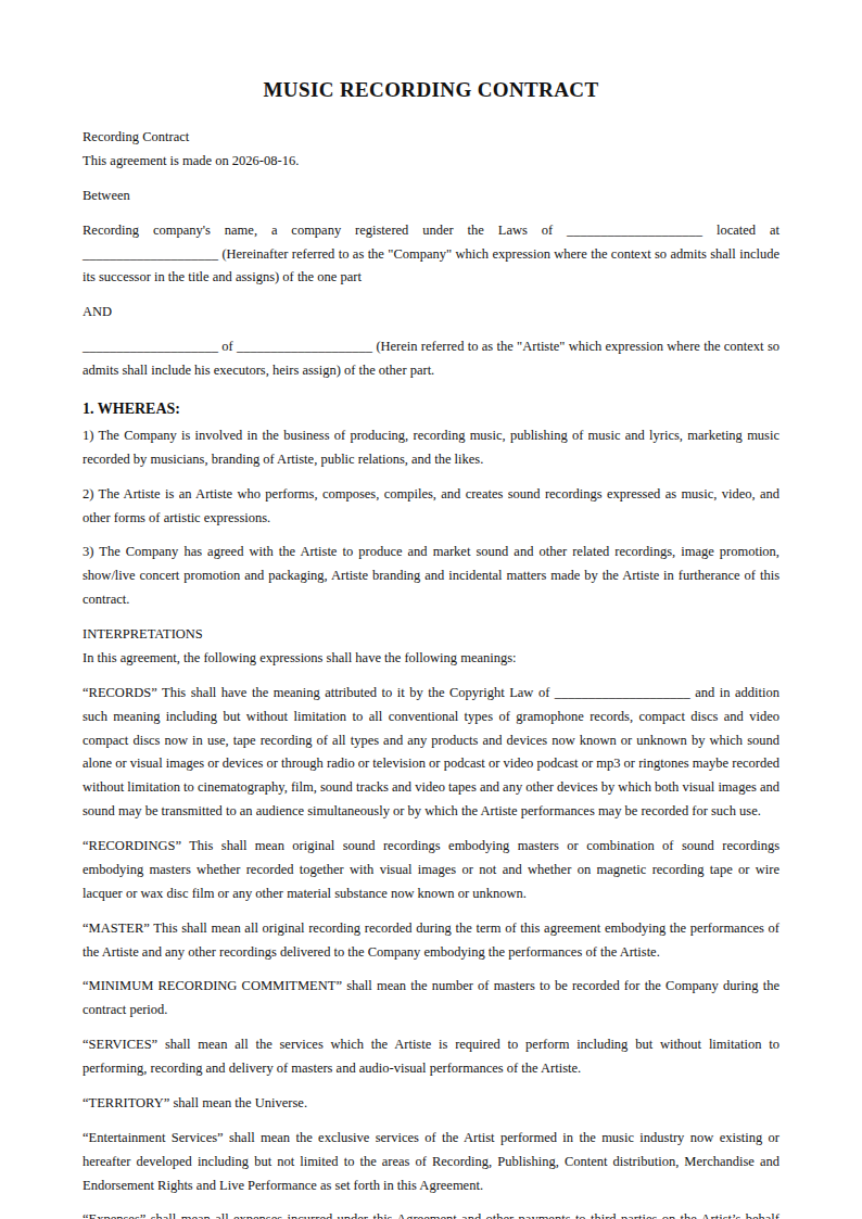 Preview of the Music Recording Contract template