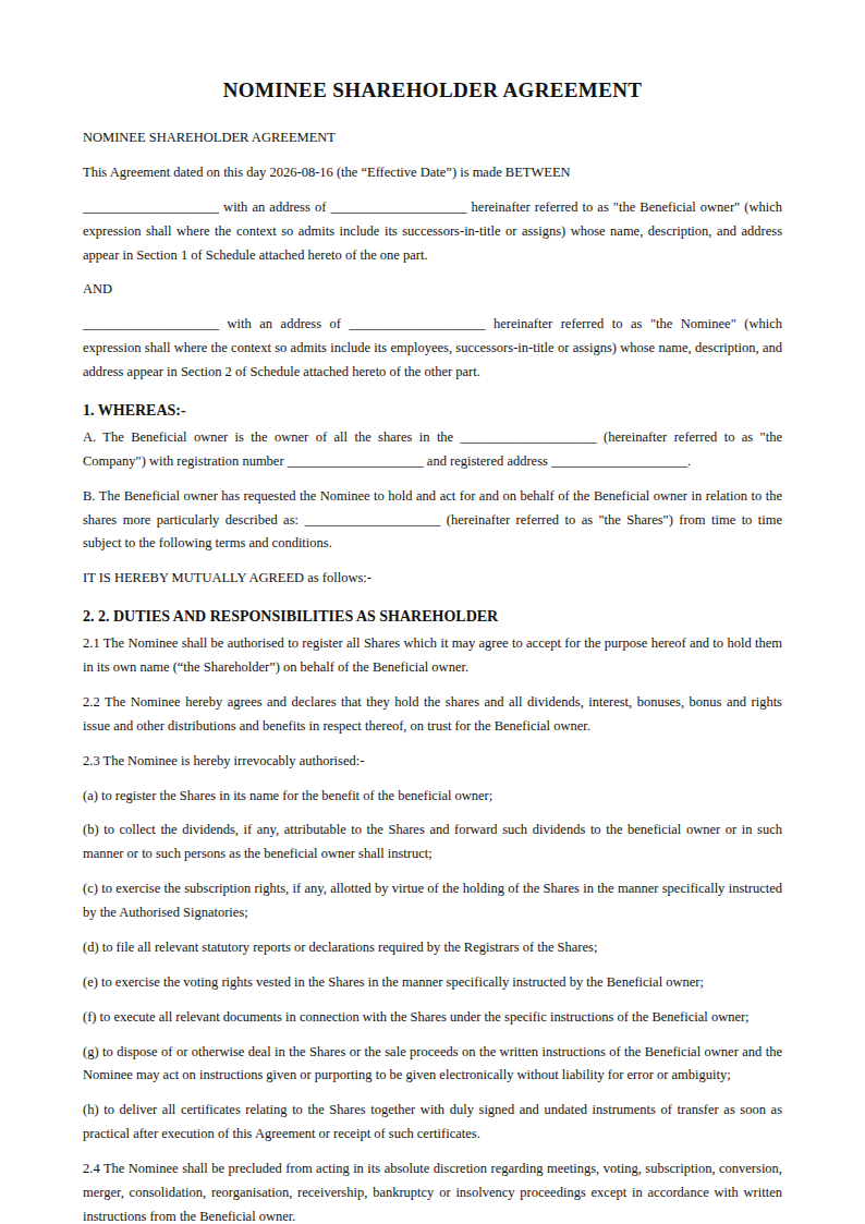 Preview of the Nominee Shareholder Agreement template