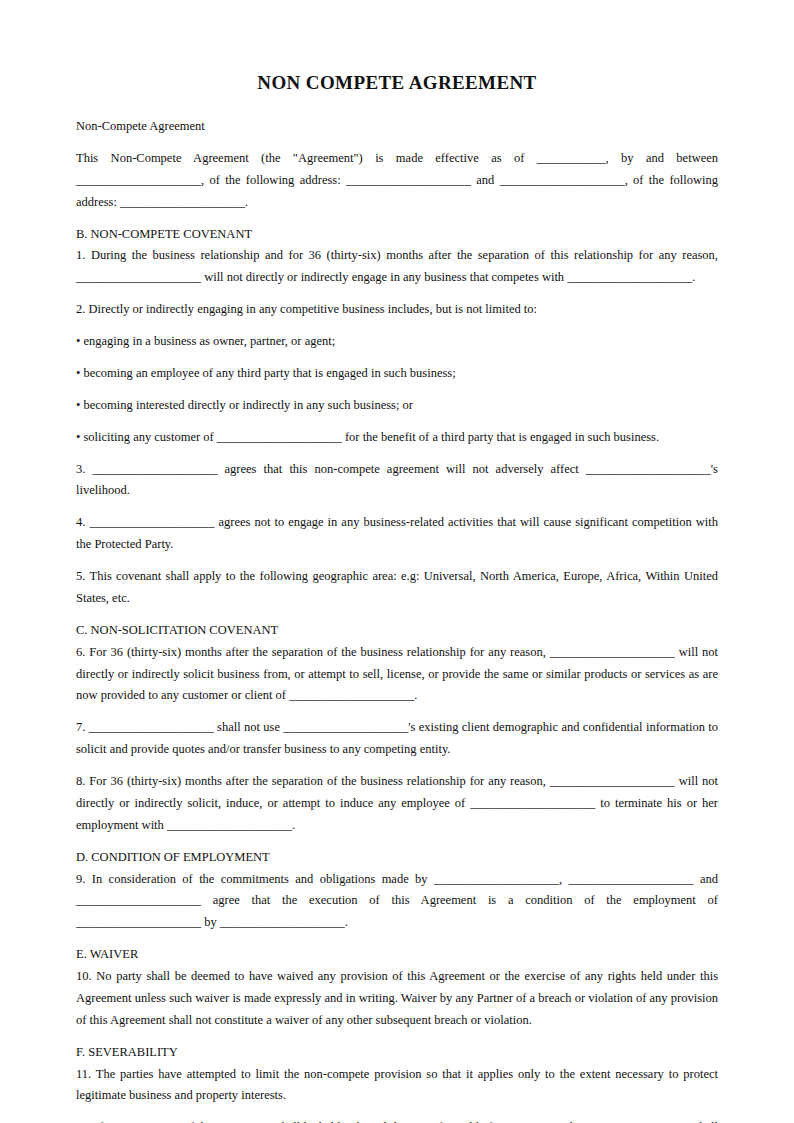 Preview of the Non Compete Agreement template