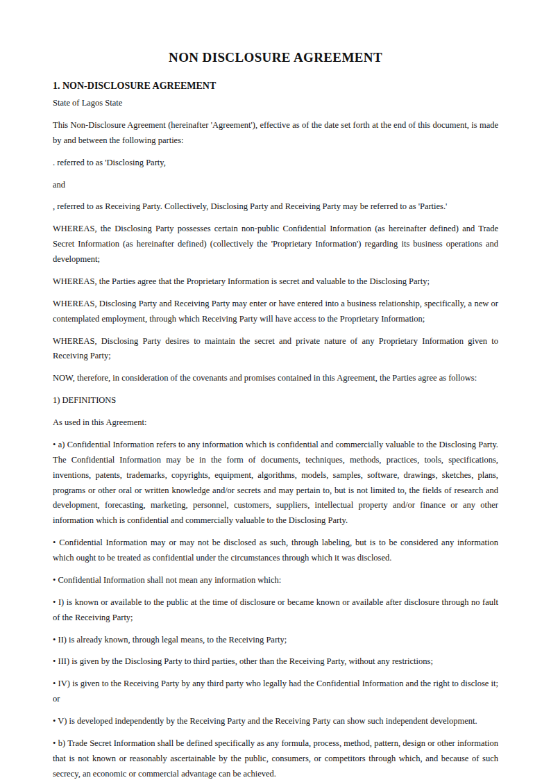 Preview of the Non Disclosure Agreement template