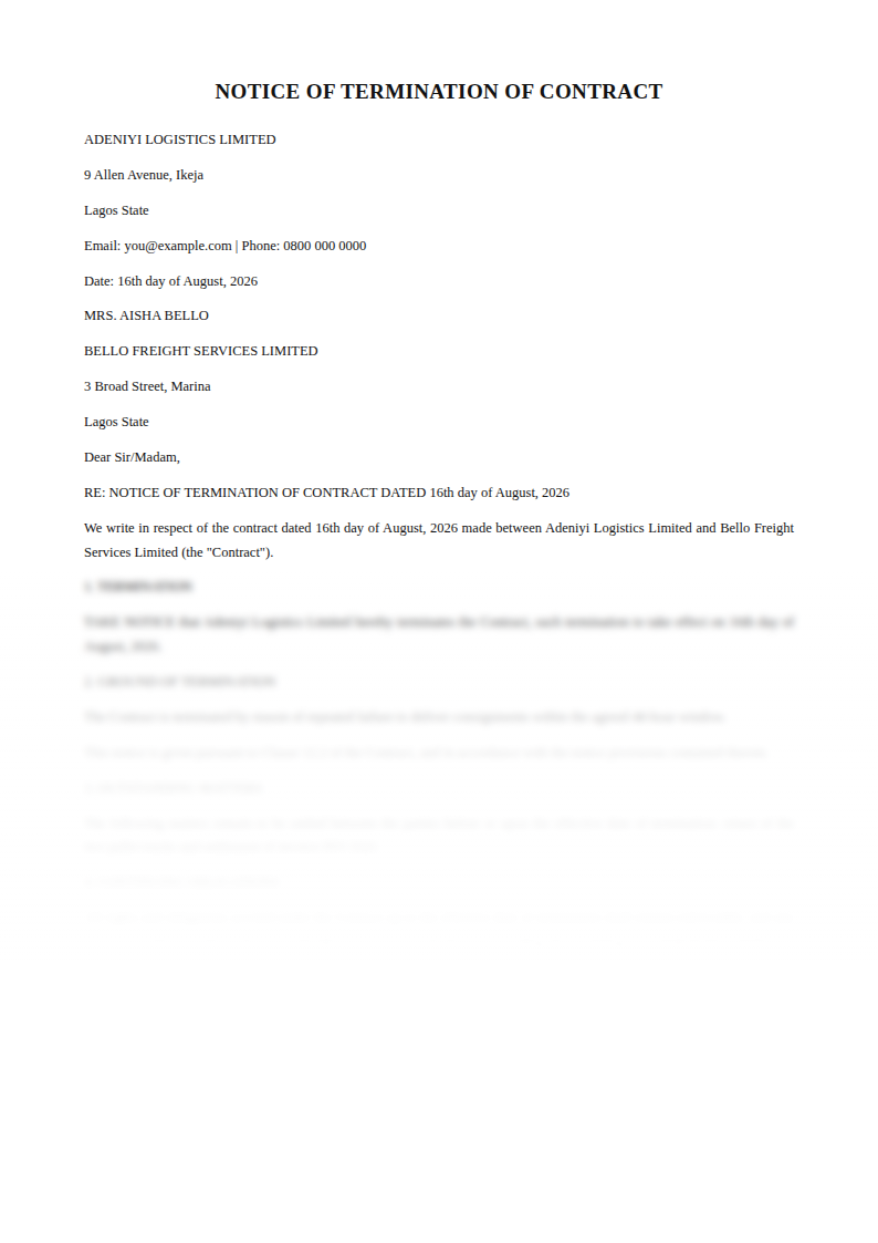 Preview of the Notice of Termination of Contract template