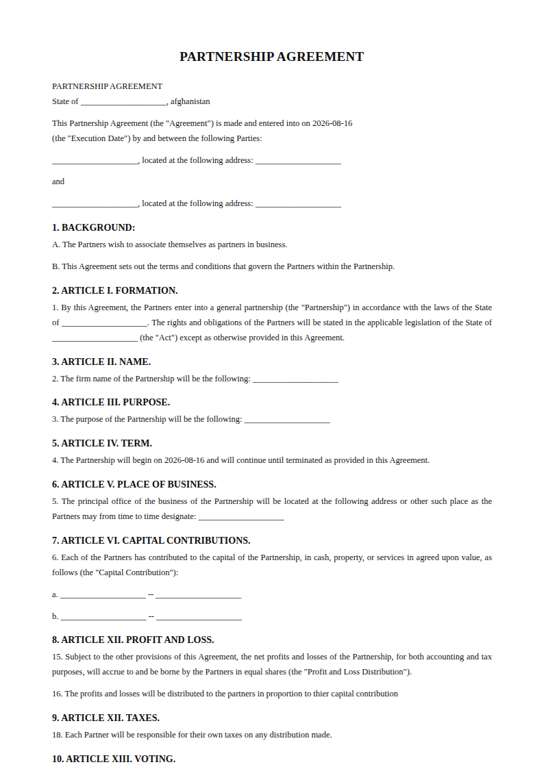 Preview of the Partnership Agreement template