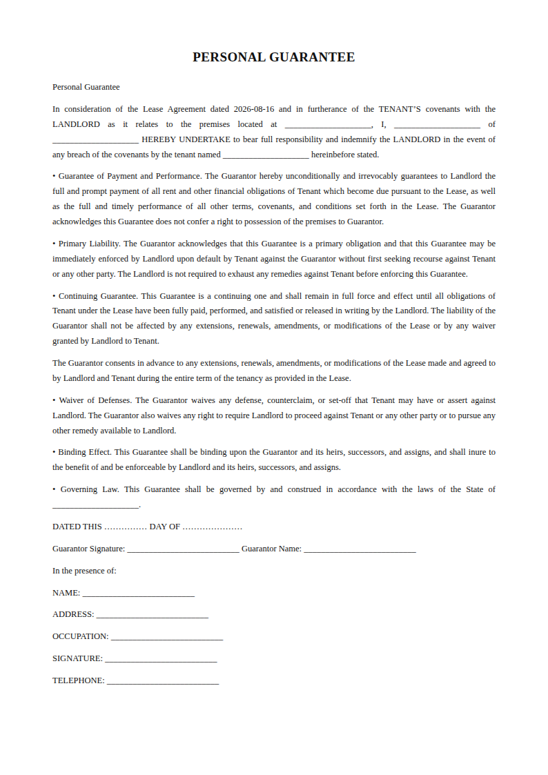 Preview of the Personal Guarantee template