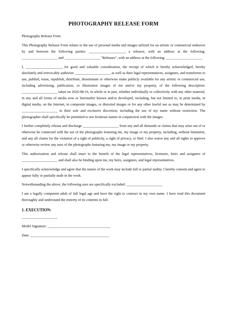 Preview of the Photography Release Form template